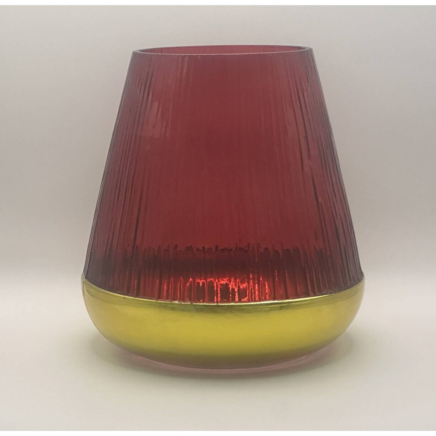 Ribbed Candle Large Votive Vintage Red Gold Contemporary Mid Century Glass