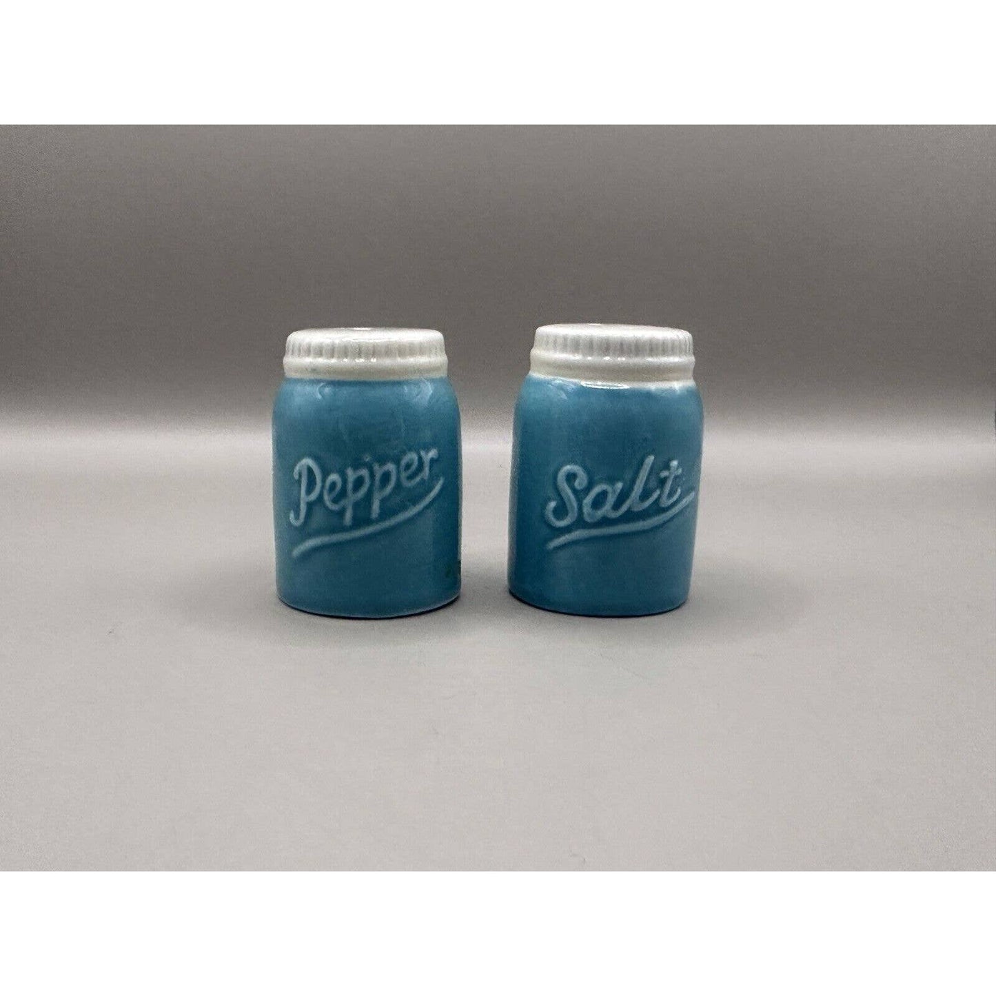 Vintage Style Salt And Pepper Shaker Set Turquoise Blue White Top.