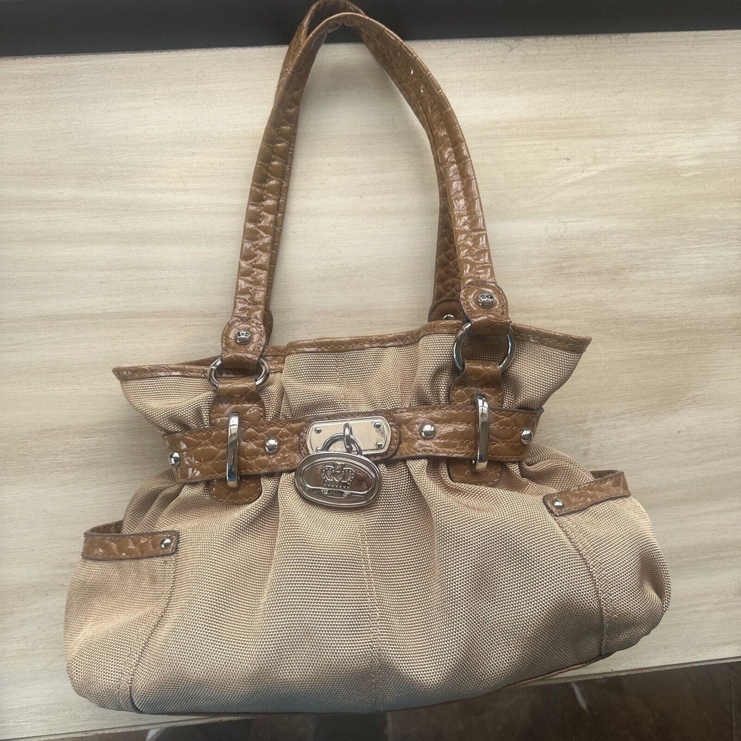 Kathy Van Zeeland Handbag Purse Beige Brown Shoulder Bag Charm With Studs