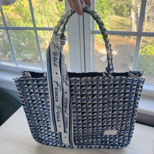 Fabric Tote Purse Blue Black White Tweed Sash