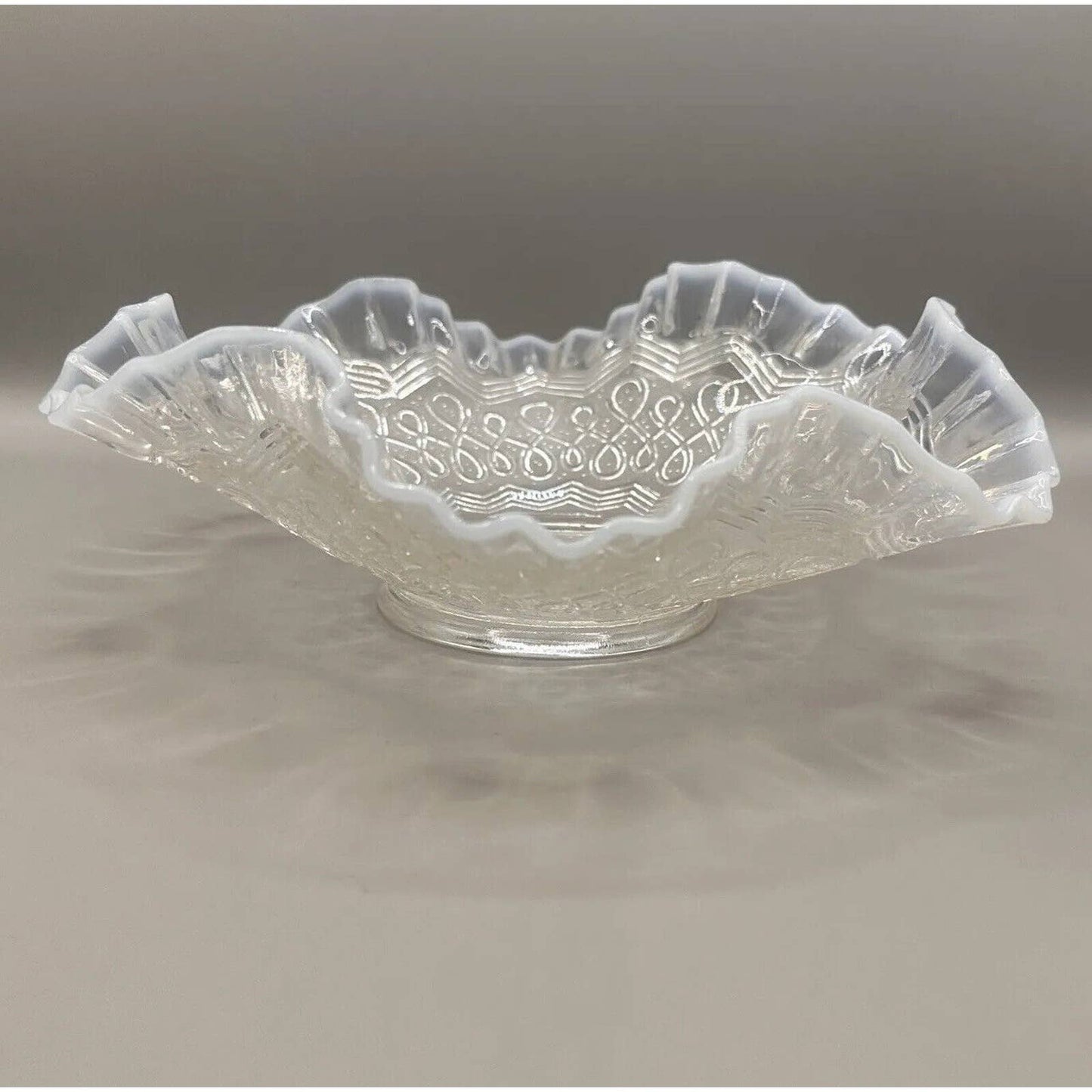 Aqua Blue Opalescent Fenton Hobnail Ruffled Bowl