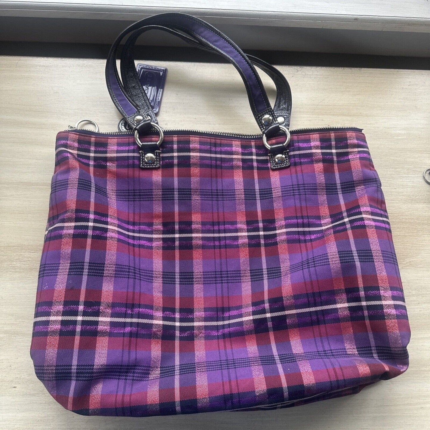 Coach Poppy Plaid Purple Pink Handbag Large gray condition