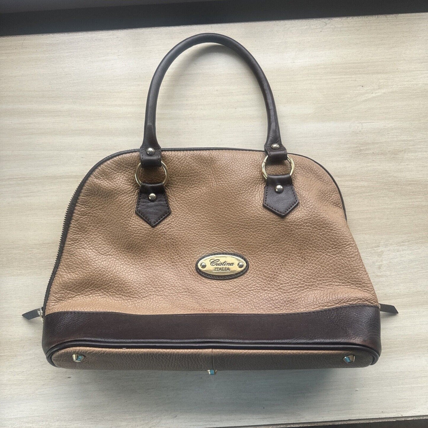 Cristina Handbag Leather Italian Tan And Brown