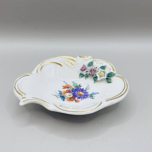 VINATAGE PORCELAIN TRINKET DISH WITH FLOWERS ON ONE SIDE GOLD TRIM Germany