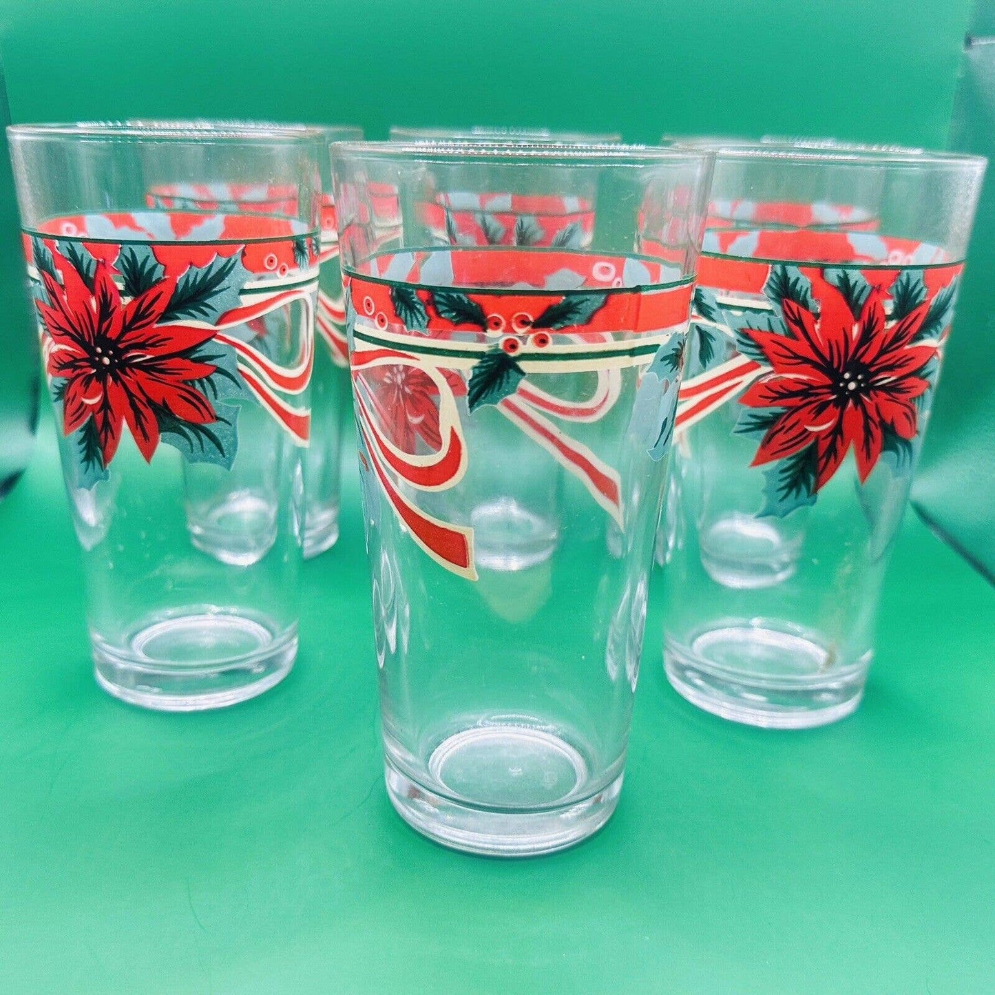 SET OF 6 Glass POINSETTIA TUMBLERS HOLIDAY CHRISTMAS Glasses