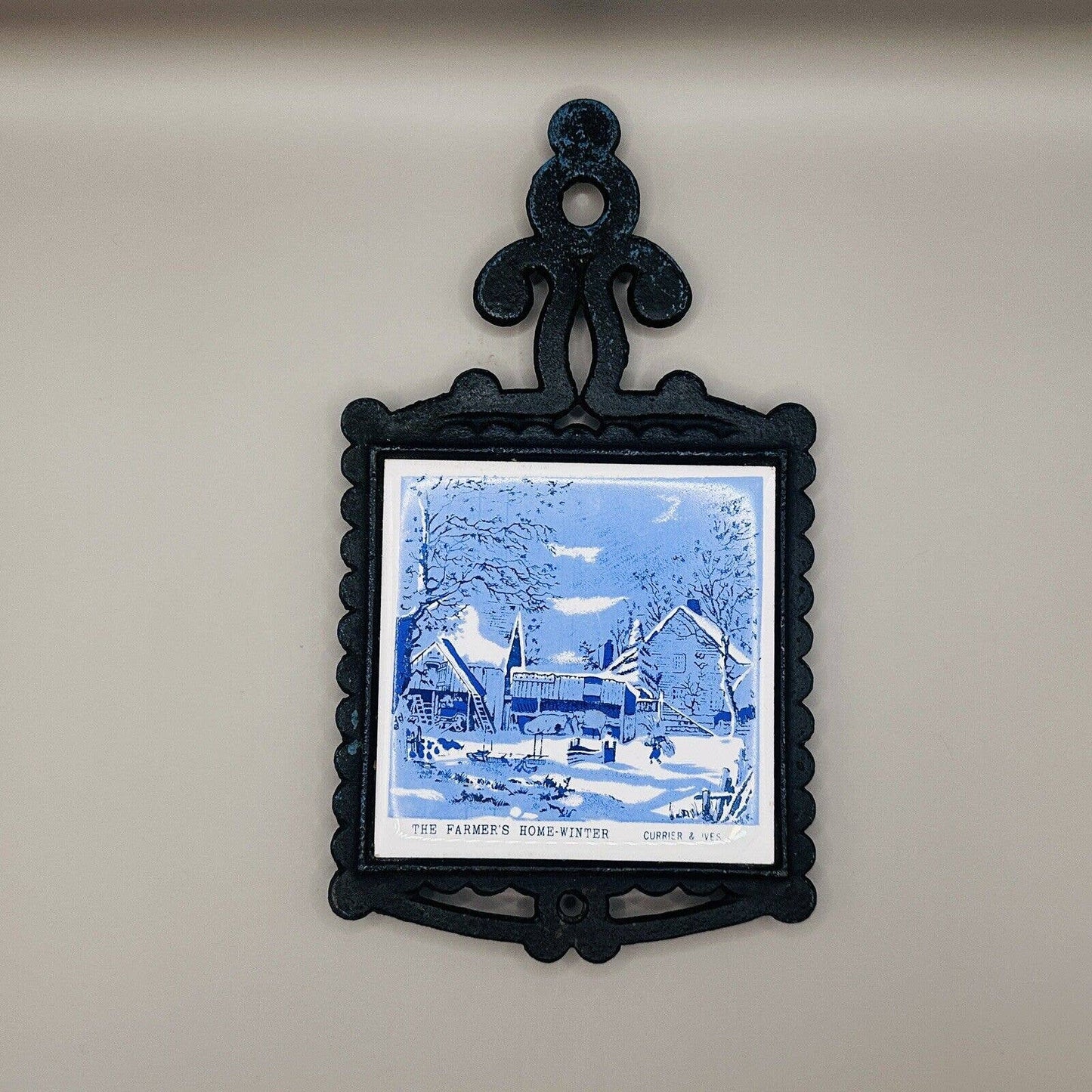 Vintage Blue White Trivet Currier And Ives Cast Iron The Farmers Home Winter