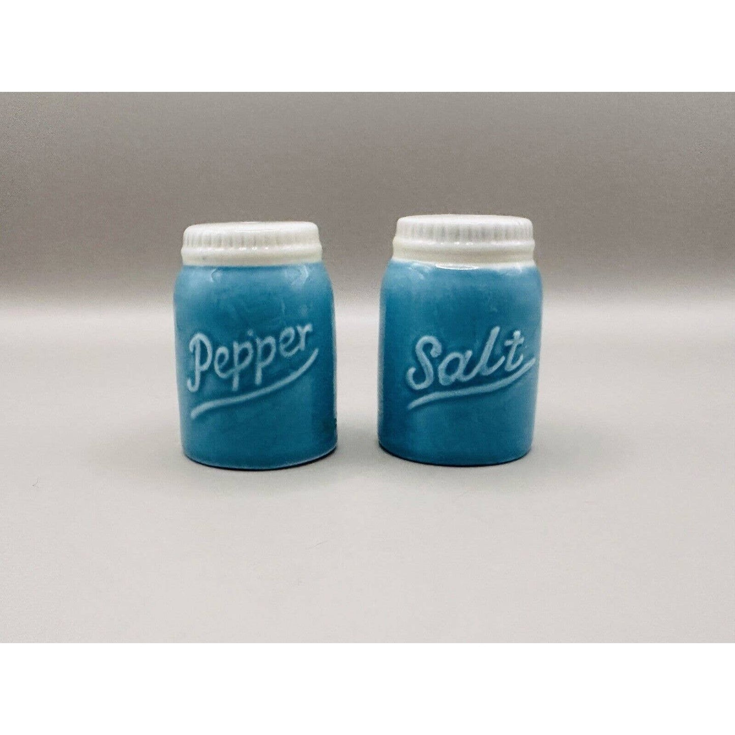 Vintage Style Salt And Pepper Shaker Set Turquoise Blue White Top.