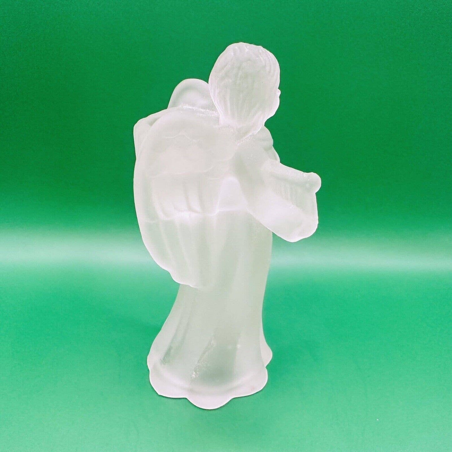 Opaque Frosted Glass Angel With Harp Religious Figurine Statue. 6-1/2" Tall