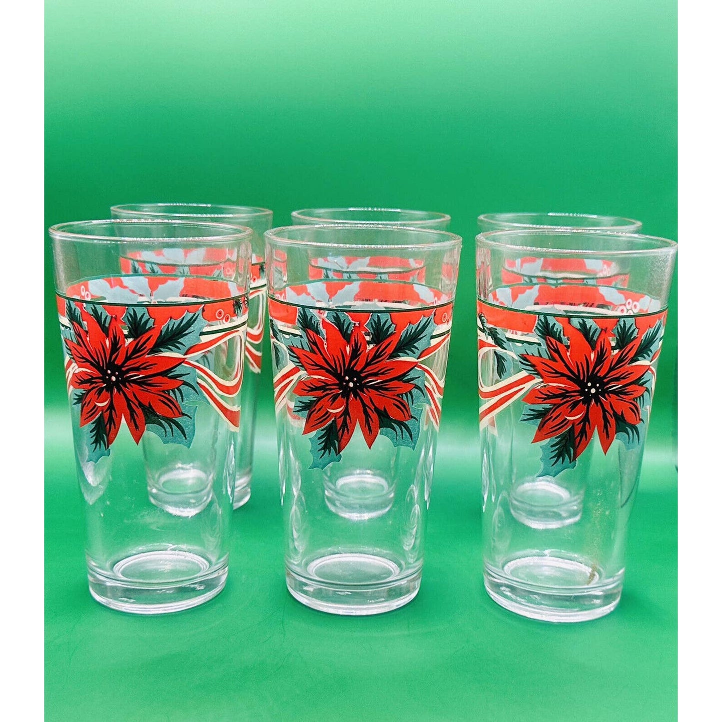 SET OF 6 Glass POINSETTIA TUMBLERS HOLIDAY CHRISTMAS Glasses