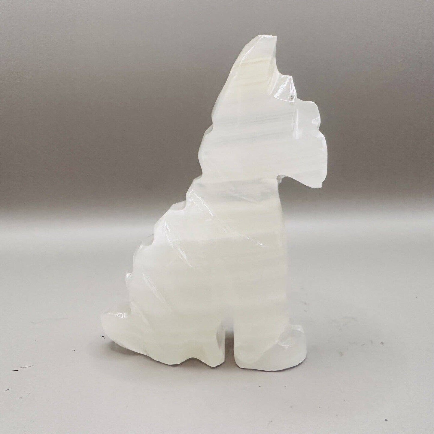 Vintage Hand Carved White Onyx Stone Scottie Dog with Black Eyes Figurine