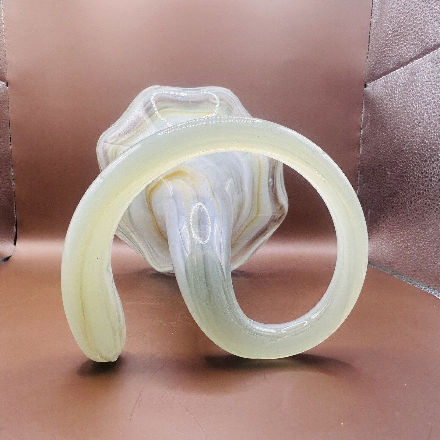 VINTAGE HAND BLOWN Art Glass Tulip Trumpet Vase Yellow Swirl Coiled Base Sooner