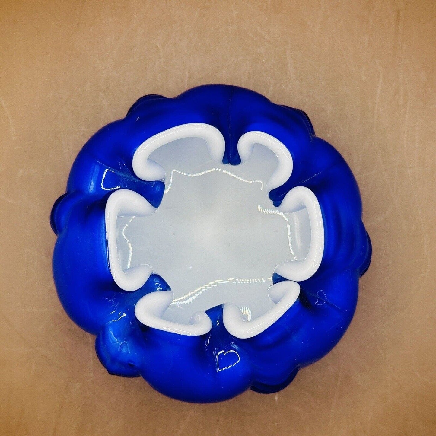 Fenton Glass Cobalt Blue White Cased Melon Rose Posey Bowl