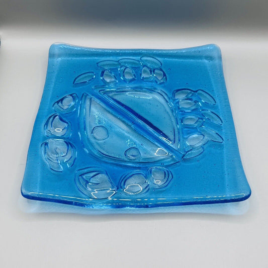 Fused art glass Crab Plate Blue Art Appetizer