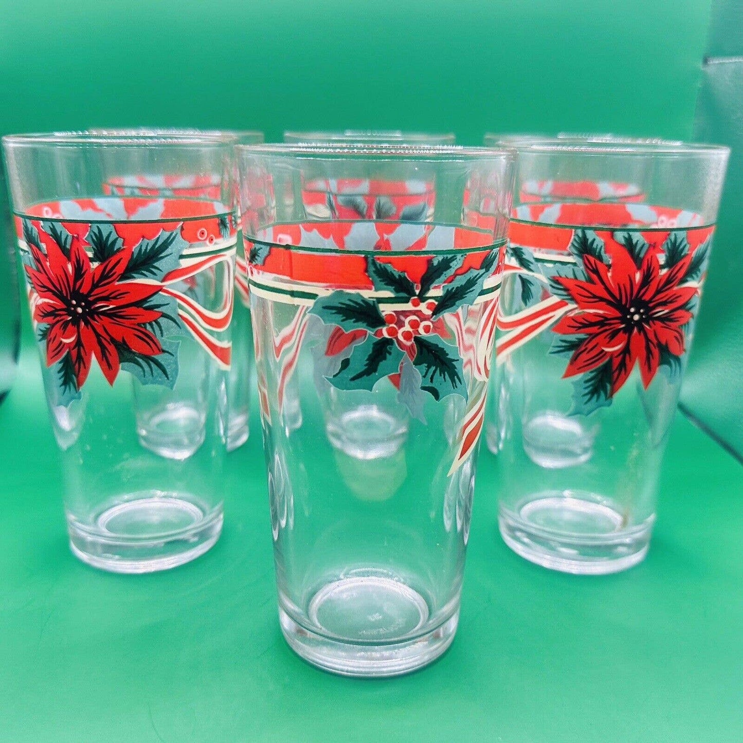 SET OF 6 Glass POINSETTIA TUMBLERS HOLIDAY CHRISTMAS Glasses