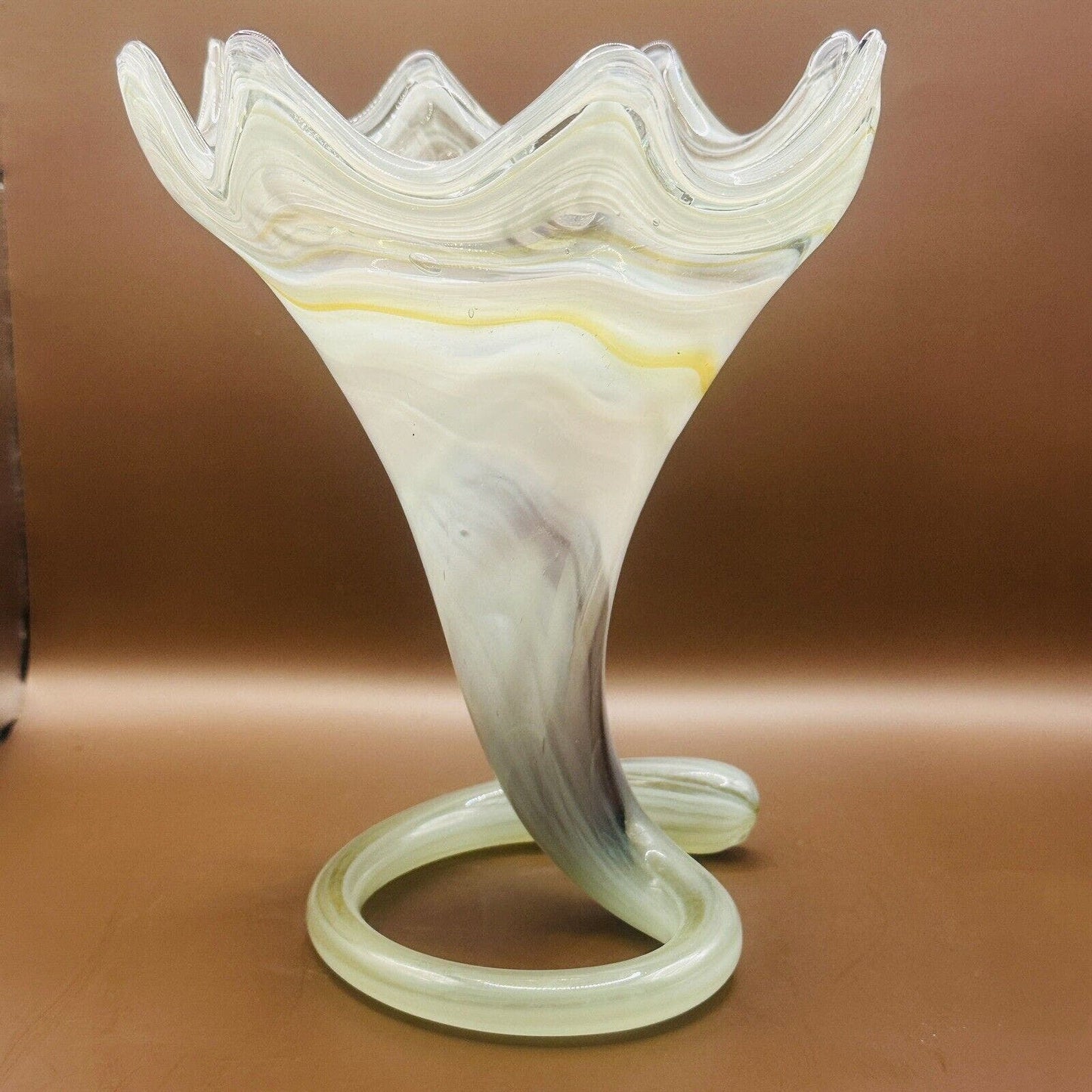 VINTAGE HAND BLOWN Art Glass Tulip Trumpet Vase Yellow Swirl Coiled Base Sooner