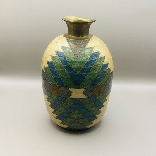 Vintage 6" Tall Brass Decorative Small Vase Home Decor Green Geometric