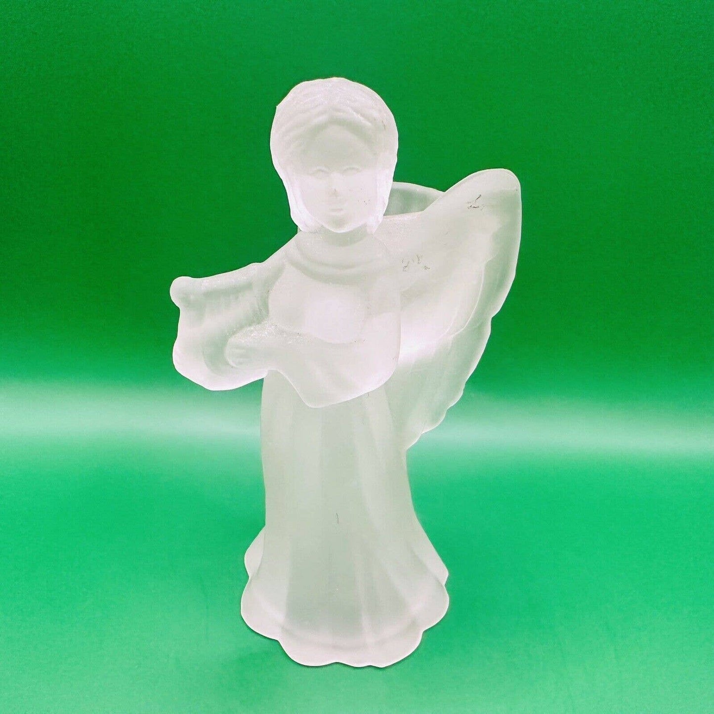 Opaque Frosted Glass Angel With Harp Religious Figurine Statue. 6-1/2" Tall