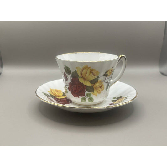 Vintage Bone China Tea Cup & Saucer Red & Yellow Roses Floral Antique