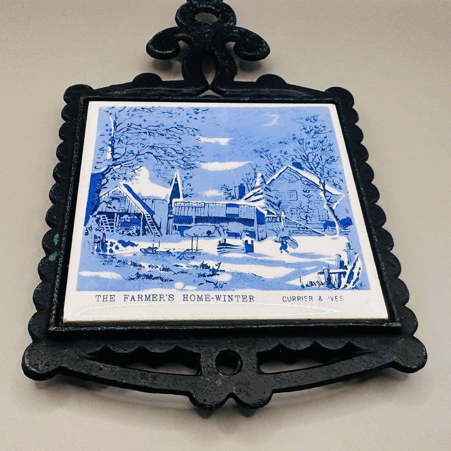 Vintage Blue White Trivet Currier And Ives Cast Iron The Farmers Home Winter