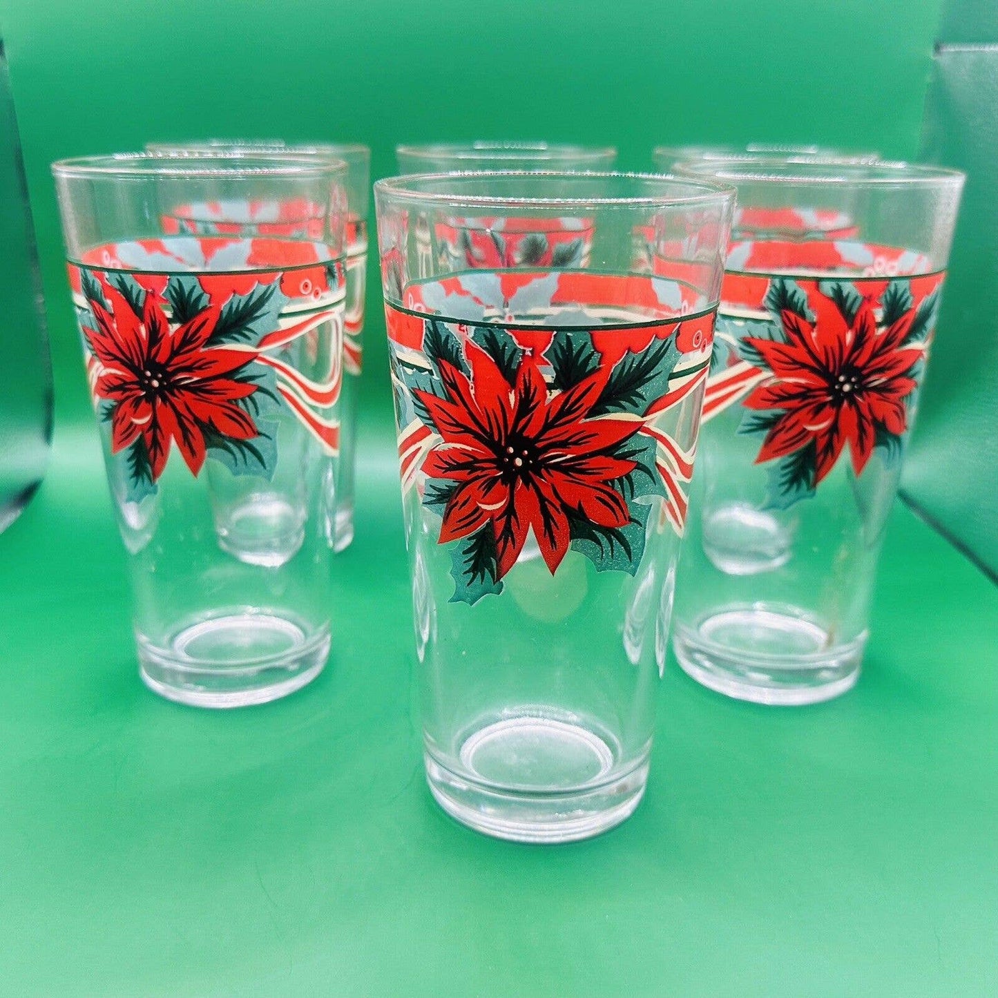 SET OF 6 Glass POINSETTIA TUMBLERS HOLIDAY CHRISTMAS Glasses