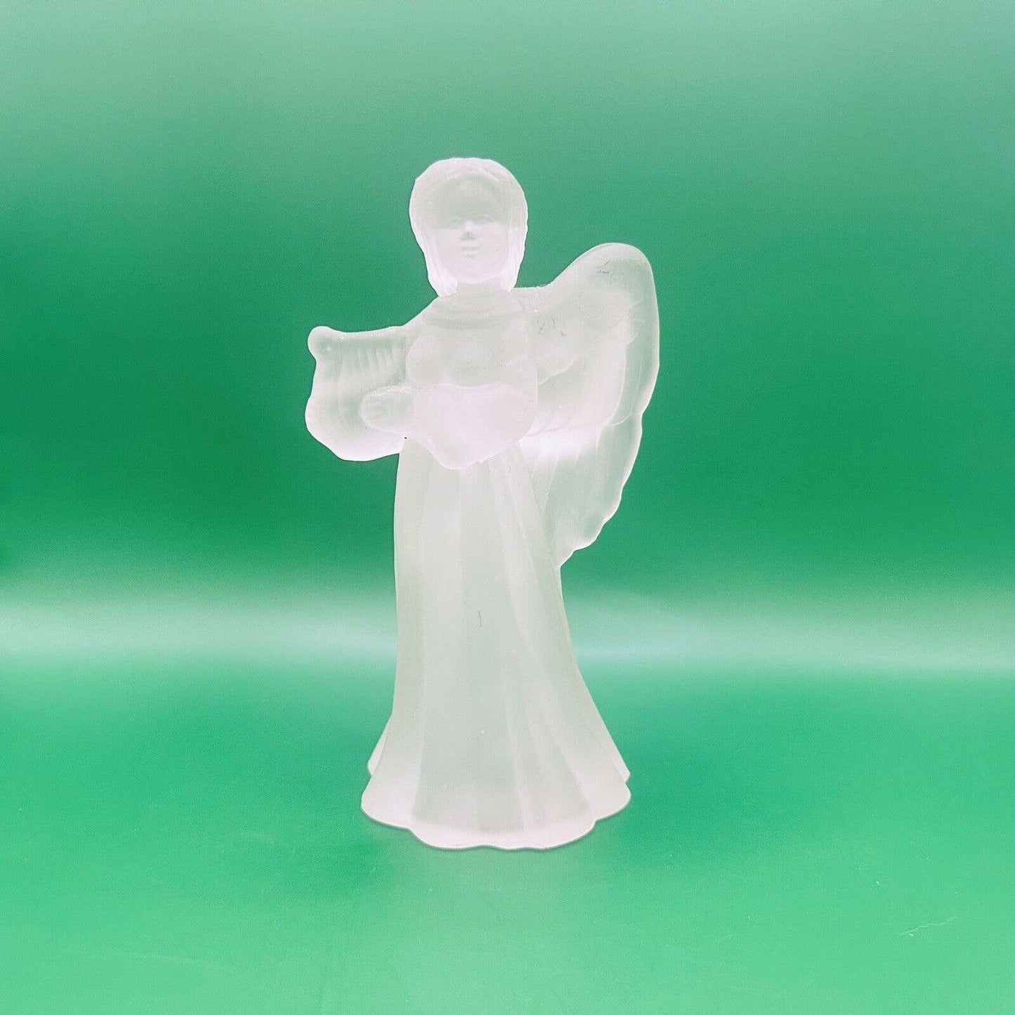 Opaque Frosted Glass Angel With Harp Religious Figurine Statue. 6-1/2" Tall