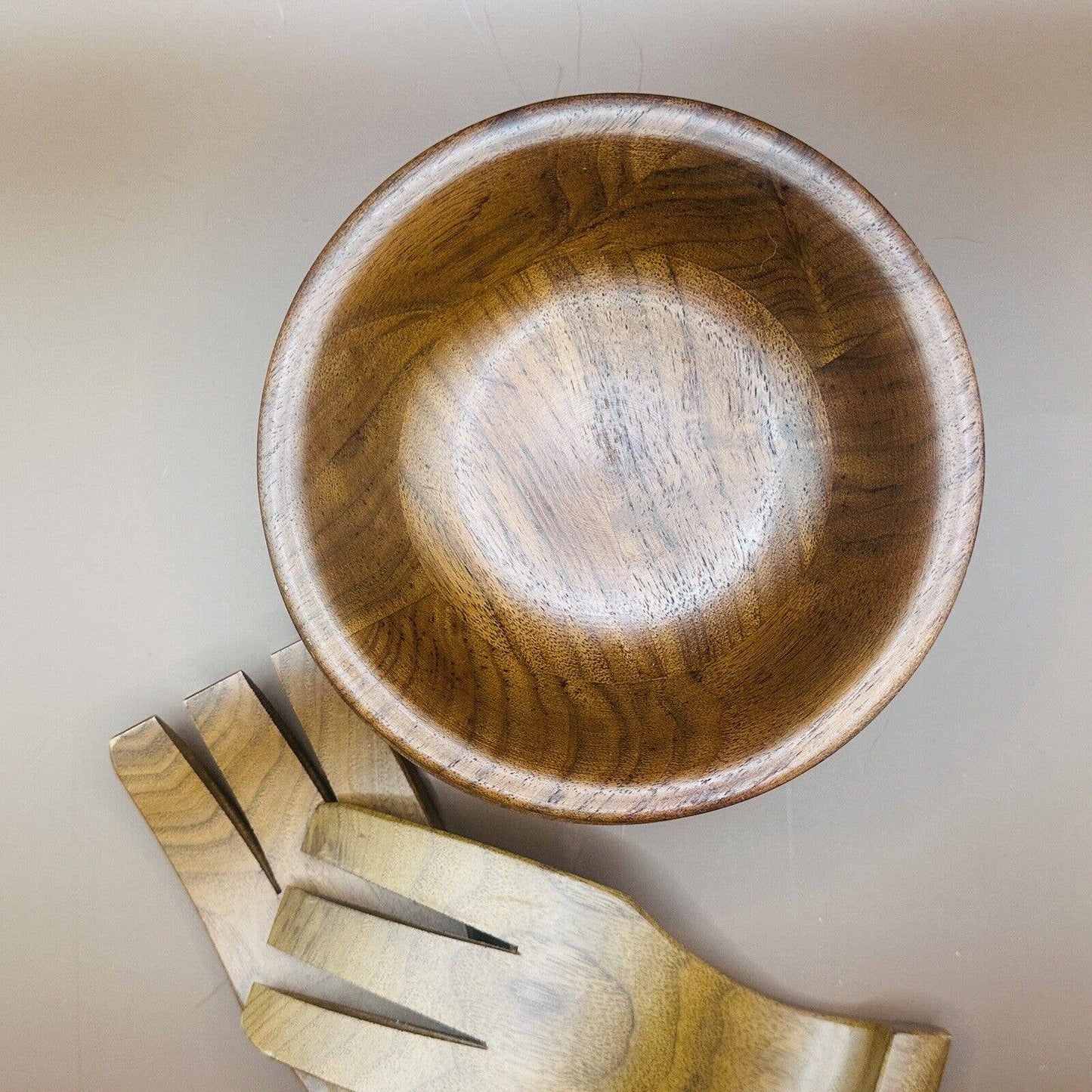 Vintage Set Of 4 Real Walnut Salad Bowls Plus Salad Spoon And Fork