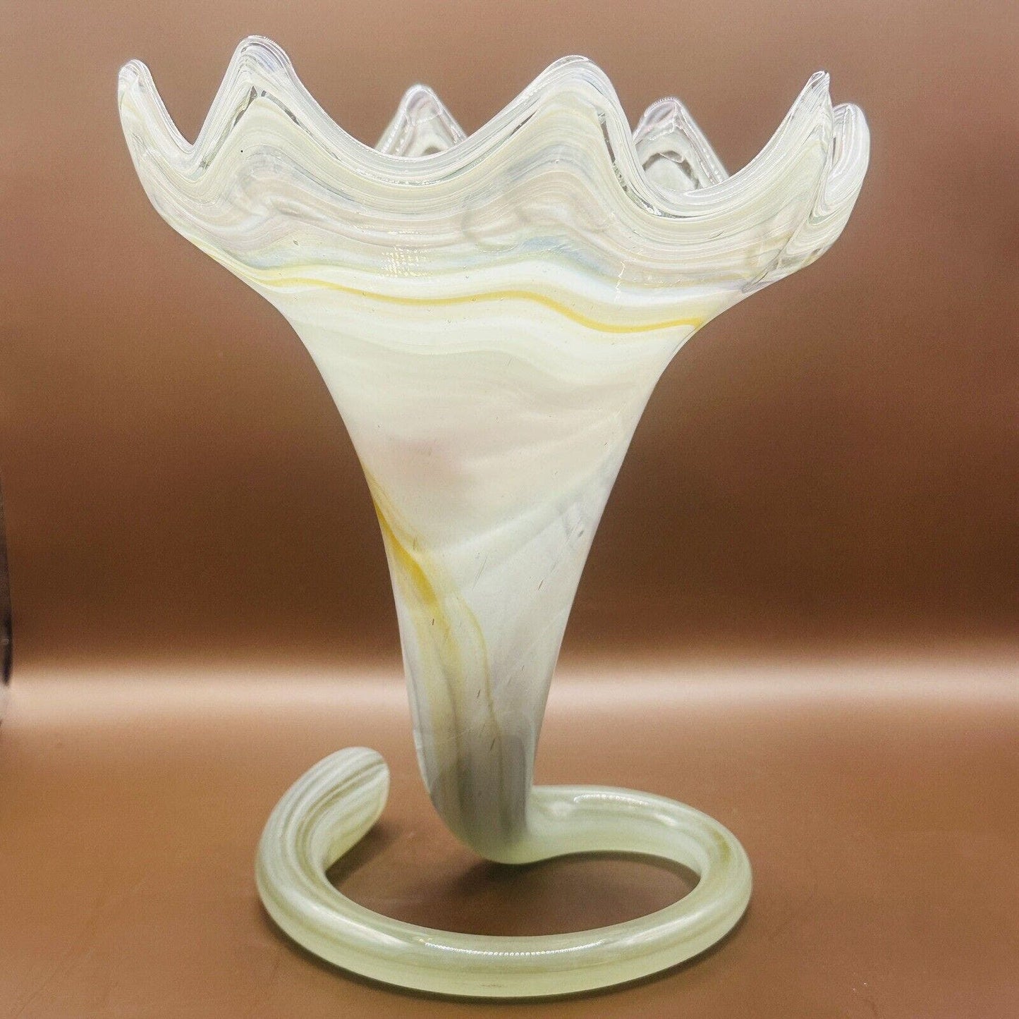 VINTAGE HAND BLOWN Art Glass Tulip Trumpet Vase Yellow Swirl Coiled Base Sooner