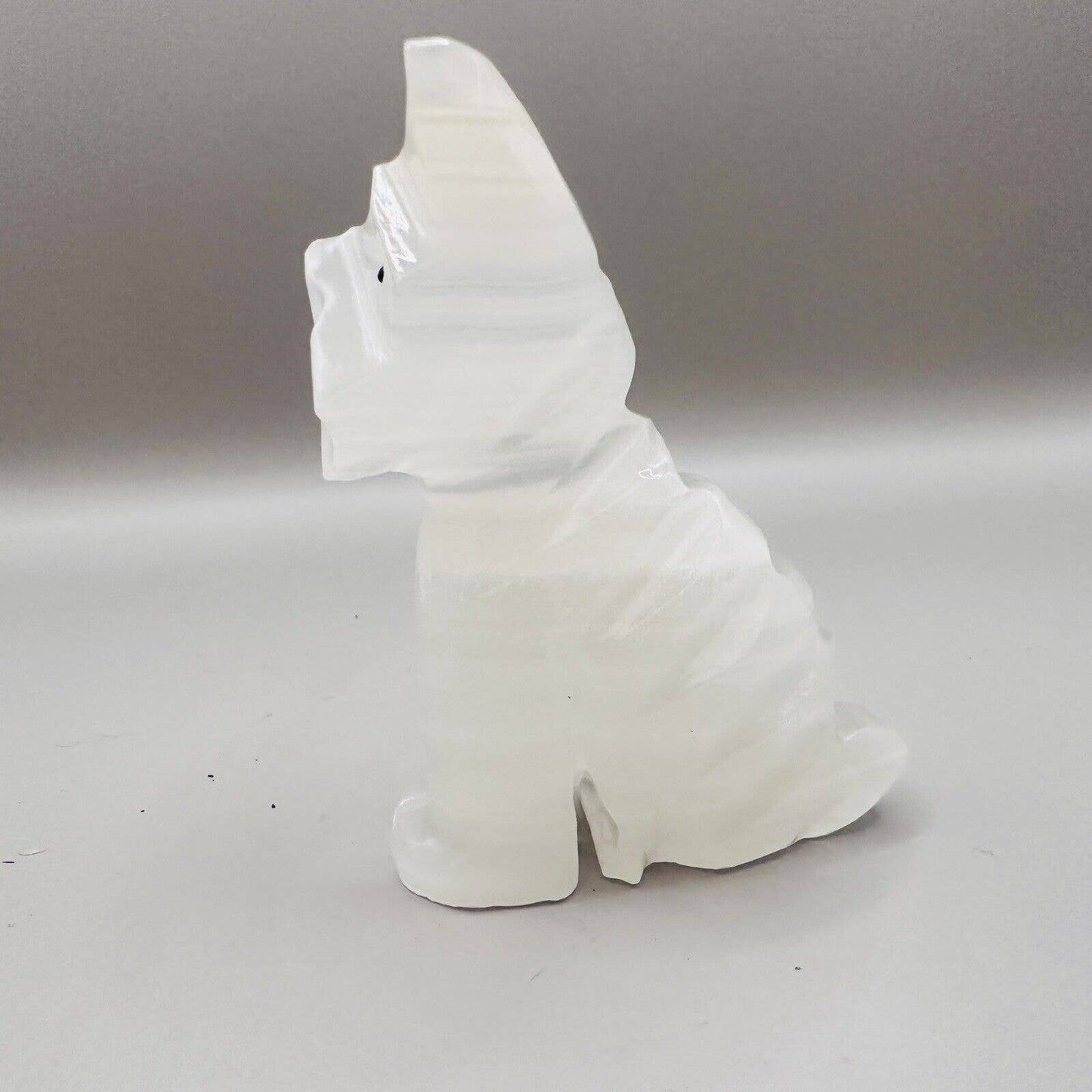 Vintage Hand Carved White Onyx Stone Scottie Dog with Black Eyes Figurine