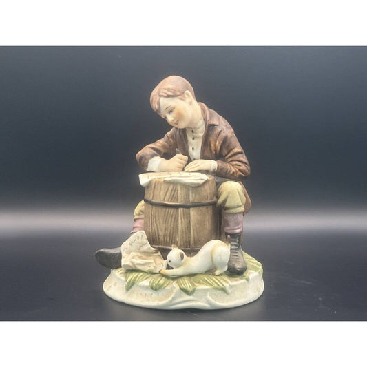 Vintage Figurine Boy Cat Matte Hand-Painted Decor Japanese