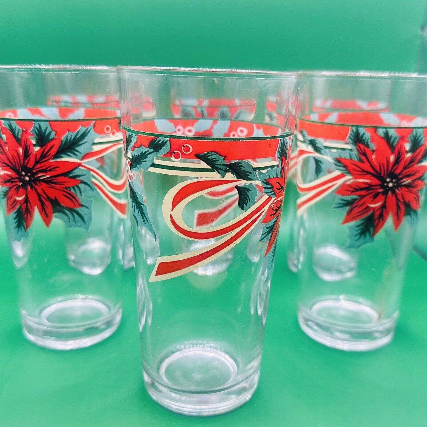 SET OF 6 Glass POINSETTIA TUMBLERS HOLIDAY CHRISTMAS Glasses