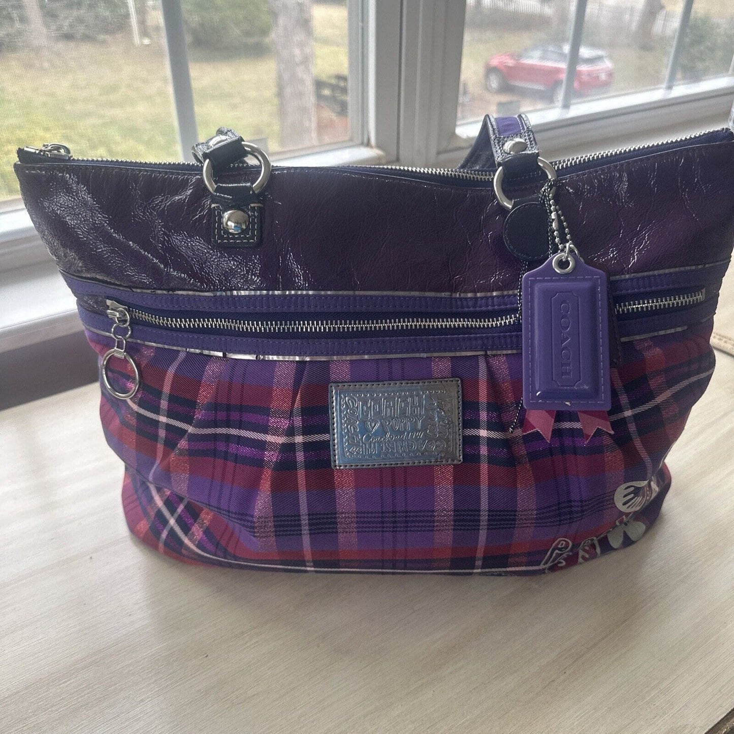 Coach Poppy Plaid Purple Pink Handbag Large gray condition