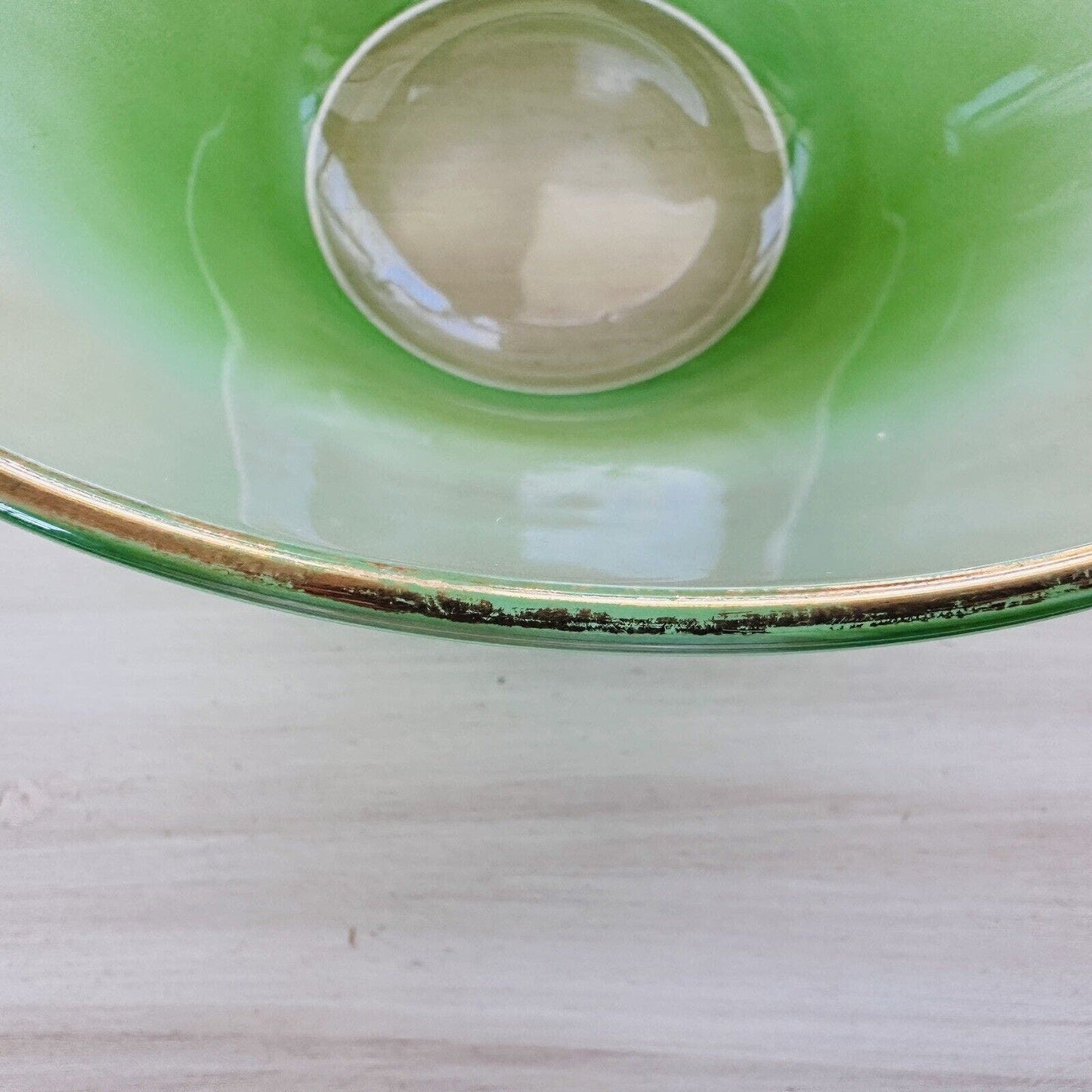 Vintage Blendo Green Clear Gold Trim Large Serving Bowl Glass