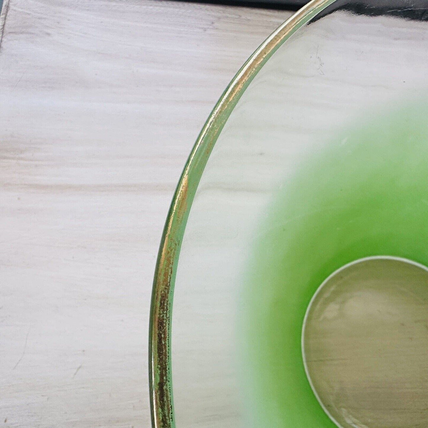 Vintage Blendo Green Clear Gold Trim Large Serving Bowl Glass